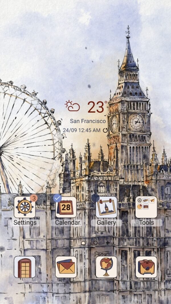 Samsung Themes: ❤️Mun❤️ London Travel ~❤️ Premium Theme Official with Big Ben and London Eye sketch