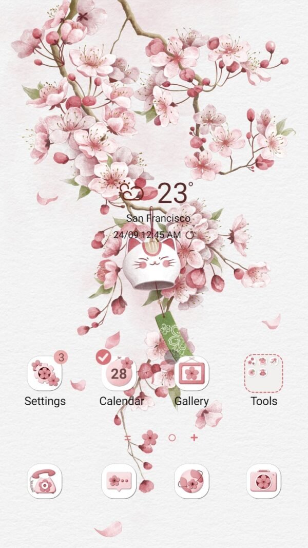 Samsung Themes: ❤️Mun❤️ Cat bell and Cherry Blossom Animated ~❤️ Premium Animated Theme with green decoration and cute cat
