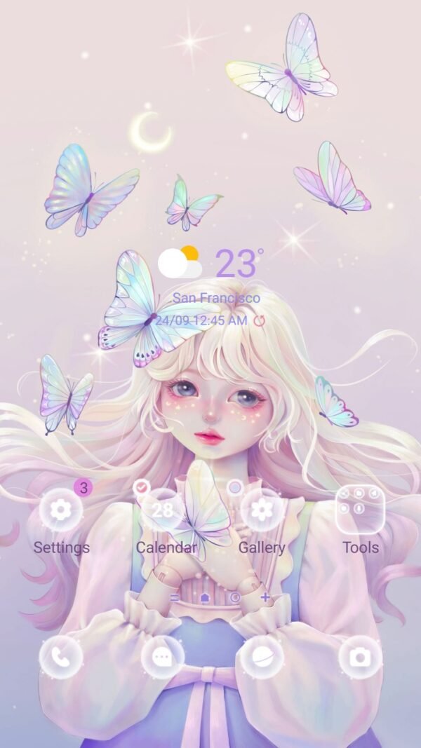 Samsung Themes: ❤️Mun❤️ Fantasy Fairy Doll ~❤️ Premium Theme Official with pink - purple pastel girl and adorable butterfly