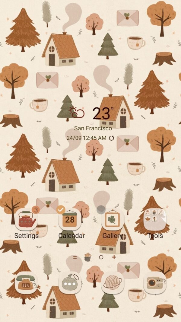 Samsung Themes: ❤️Mun❤️ Autumn vibe texture _Premium Theme Official with orange old house and tree