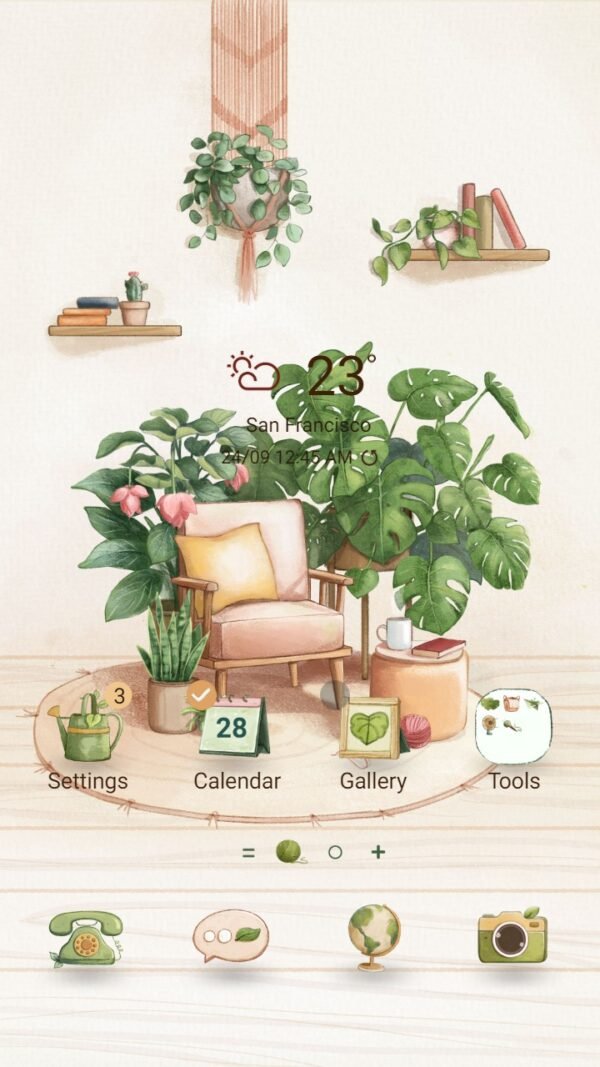 Samsung Themes: ❤️Mun❤️ Greenery Plants Room ~❤️ Premium Theme Official with sofa, book and hanging trees
