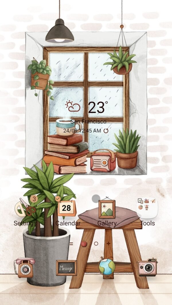 Samsung Themes: ❤️Mun❤️ Room in Rainy Day _Premium Theme Official with chilling book and plants beside window