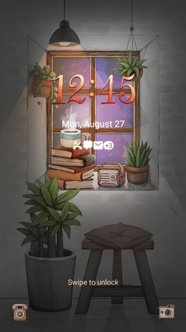 Samsung Themes: ❤️Mun❤️ Room in Rainy Day _Premium Theme Official with chilling book and plants beside window - Image 2