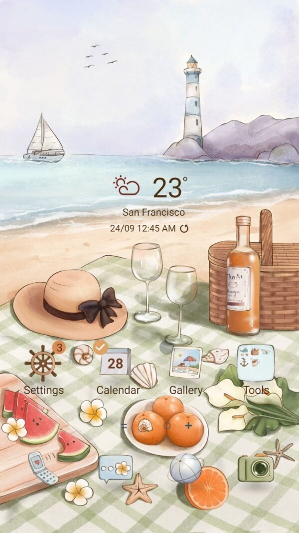 Samsung Themes: ❤️Mun❤️ Holiday Beach Vibe ~❤️ Premium Theme Official with luxury wine and lighthouse aesthetics