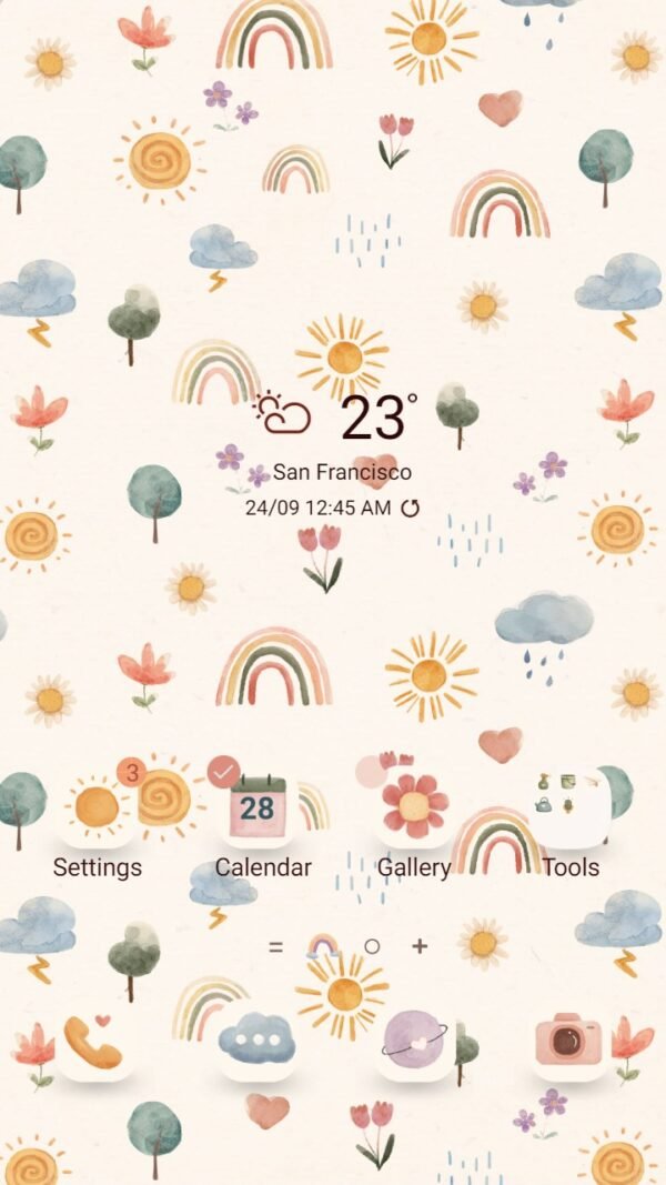 Samsung Themes: ❤️Mun❤️ Seasonal Stickers Pattern ~❤️ Premium Theme Official with drawing tree and rainbow set in cozy background