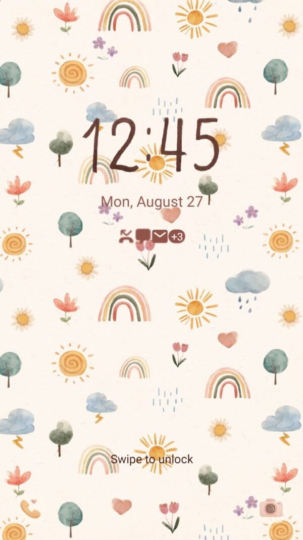 Samsung Themes: ❤️Mun❤️ Seasonal Stickers Pattern ~❤️ Premium Theme Official with drawing tree and rainbow set in cozy background - Image 2