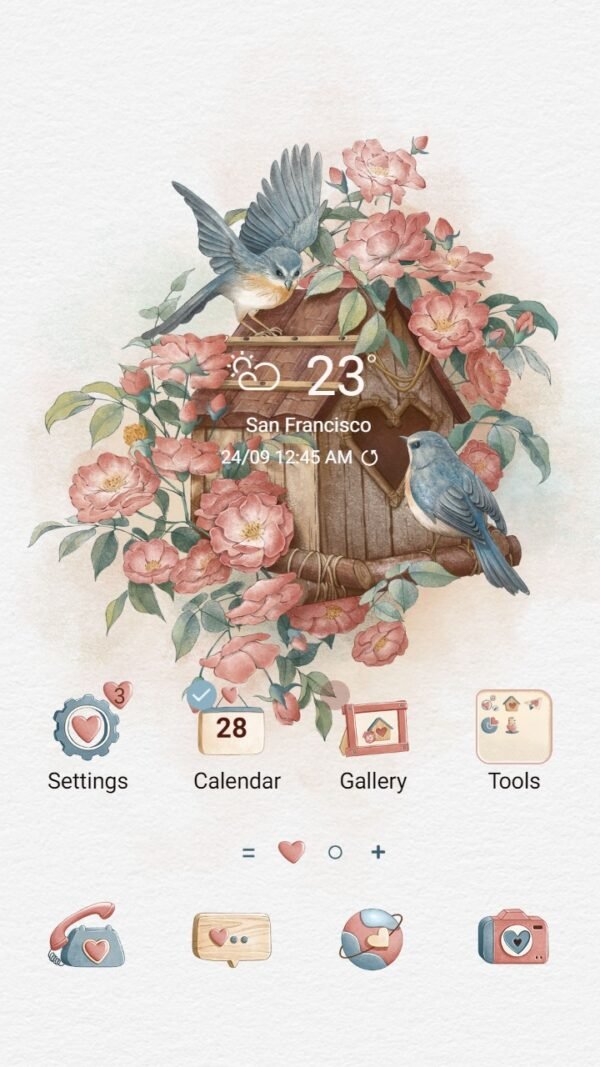Samsung Themes: ❤️Mun❤️ Bird house and rose ~❤️ Premium Theme Official with cute pink flowers and couple birds