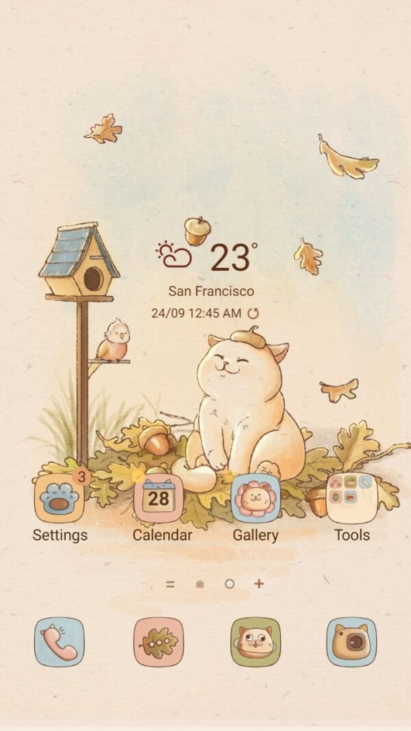 Samsung Themes: Chilling Chubby Cat ❤️ Mun _Premium Theme Official with falling leaves and cute bird