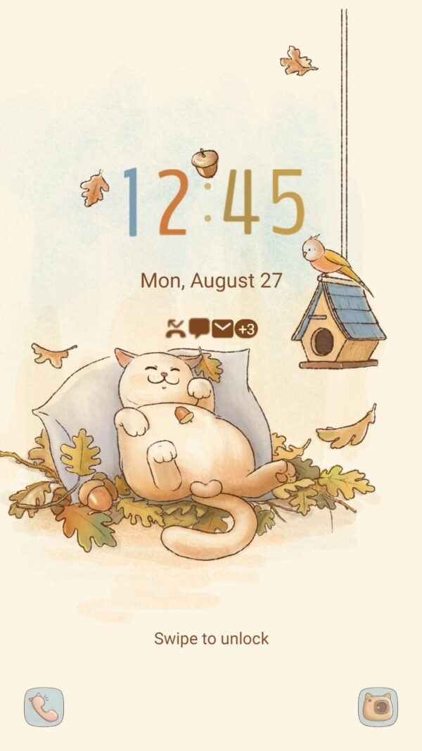 Samsung Themes: Chilling Chubby Cat ❤️ Mun _Premium Theme Official with falling leaves and cute bird - Image 2
