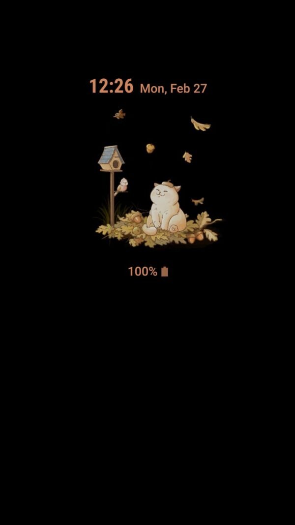 Samsung Themes: Chilling Chubby Cat ❤️ Mun _Premium Theme Official with falling leaves and cute bird - Image 7