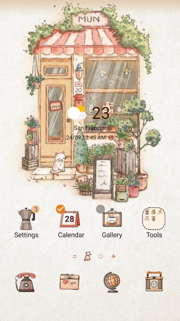 Samsung Themes: ❤️Mun❤️ Aesthetic Coffee Shop ~❤️ Premium Theme Official with green decoration and cute cat