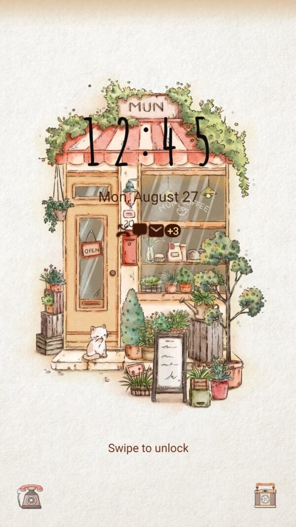 Samsung Themes: ❤️Mun❤️ Aesthetic Coffee Shop ~❤️ Premium Theme Official with green decoration and cute cat - Image 2