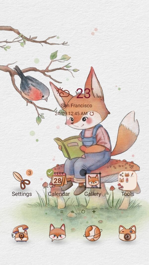 Samsung Themes: ❤️Mun❤️ Fox and Bird Illustration ~❤️ Premium Theme Official in jungle with mushroom and book