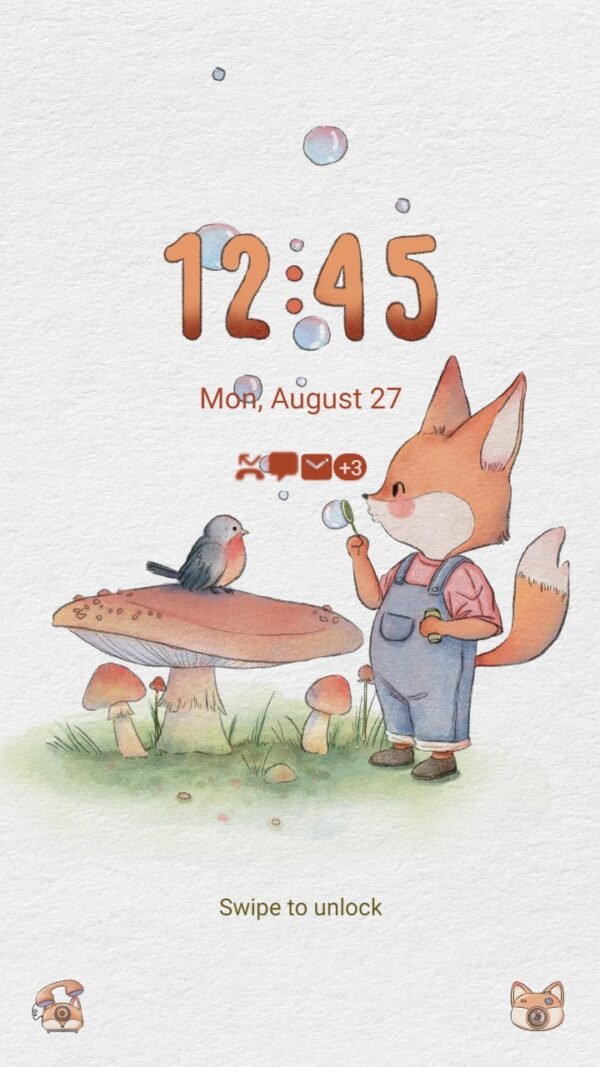 Samsung Themes: ❤️Mun❤️ Fox and Bird Illustration ~❤️ Premium Theme Official in jungle with mushroom and book - Image 2