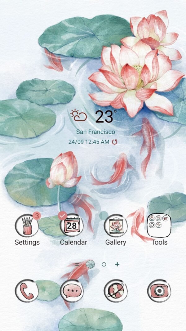 Samsung Themes: ❤️ Mun ❤️ Lotus Pond Watercolor ~❤️ Premium Theme Official with fish and flower leaf