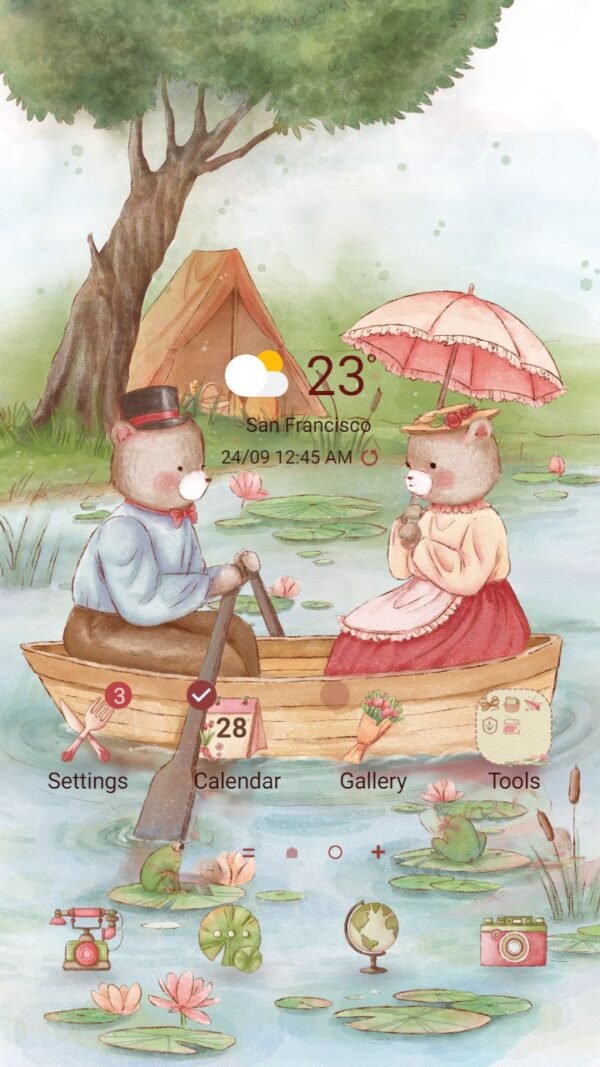 Samsung Themes: ❤️Mun❤️ Bears on Picnic ~❤️ Premium Romantic Theme Official in lotus pond