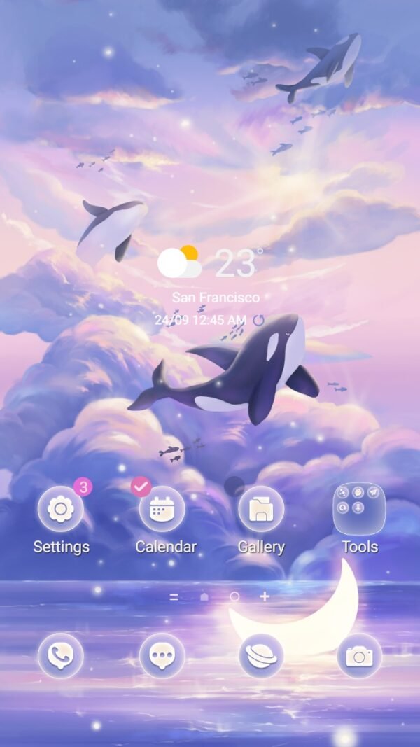 Samsung Themes: ❤️Mun❤️ Fantasy Beautiful Whale ~❤️ Premium Theme Official in the gradient sky and moonlight