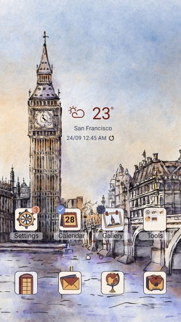 Samsung Themes: ❤️Mun❤️ London Travel Animated ~❤️ Premium Animated Theme with Big Ben and London Eye sketch