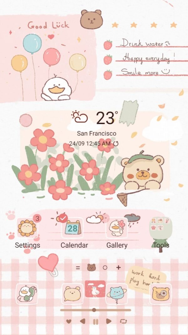 Samsung Themes: ❤️Mun❤️ Lovely notebook ~❤️ Premium Theme Official that features an adorable bear and a cute duck