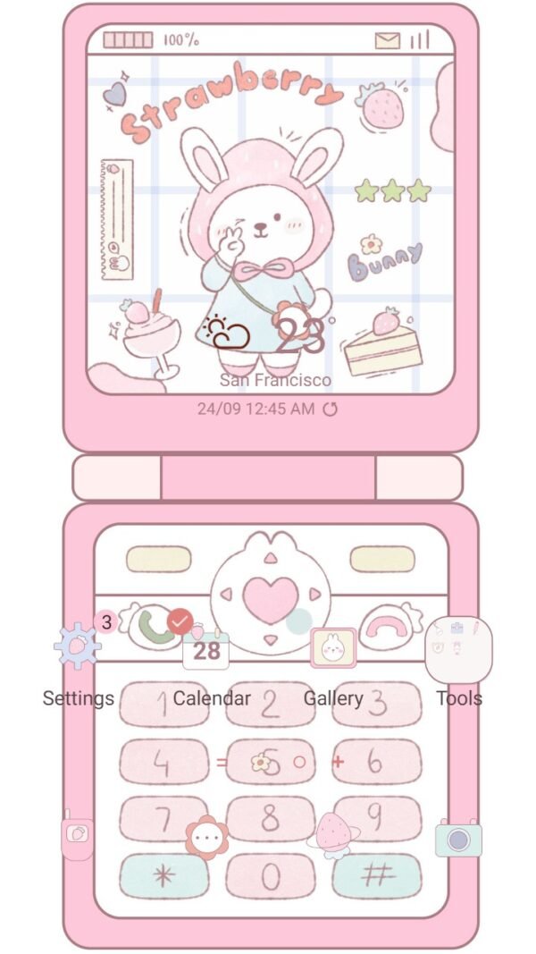 Samsung Themes: ❤️Mun❤️ Pink Phone Y2K ~❤️ Premium Theme has a cute bunny on the screen