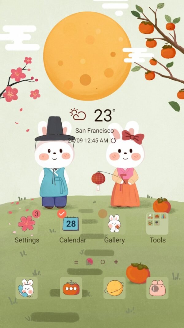 Samsung Themes: ❤️Mun❤️ Happy Mid-Autumn Festival Tradition ~❤️ Premium Theme rabbit couple wearing hanbok