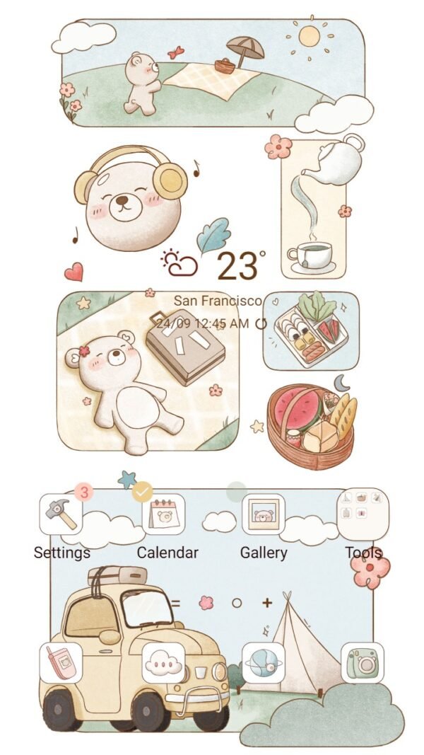 Samsung Themes: ❤️Mun❤️ Bear's Picnic Delight ~❤️ Premium Theme have a cute teddy bear go camping in green hill