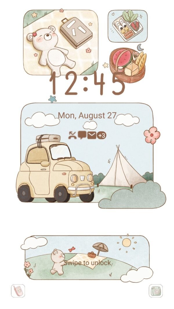 Samsung Themes: ❤️Mun❤️ Bear's Picnic Delight ~❤️ Premium Theme have a cute teddy bear go camping in green hill - Image 2