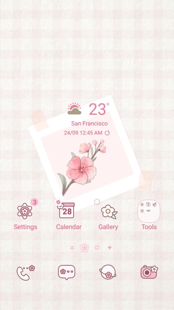 Samsung Themes: ❤️Mun❤️ Pastel Cherry Blossom ~❤️ Premium Theme on a pink checkered background