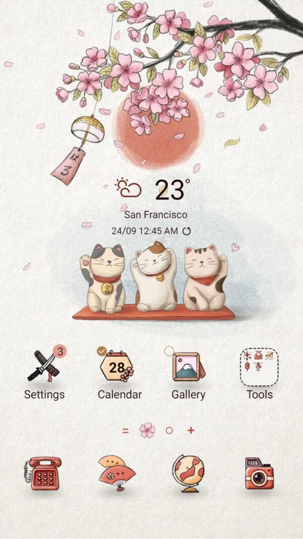 Samsung Themes: ❤️Mun❤️ Lucky Cat ~❤️ Premium Theme kawaii cat under cherry blossom