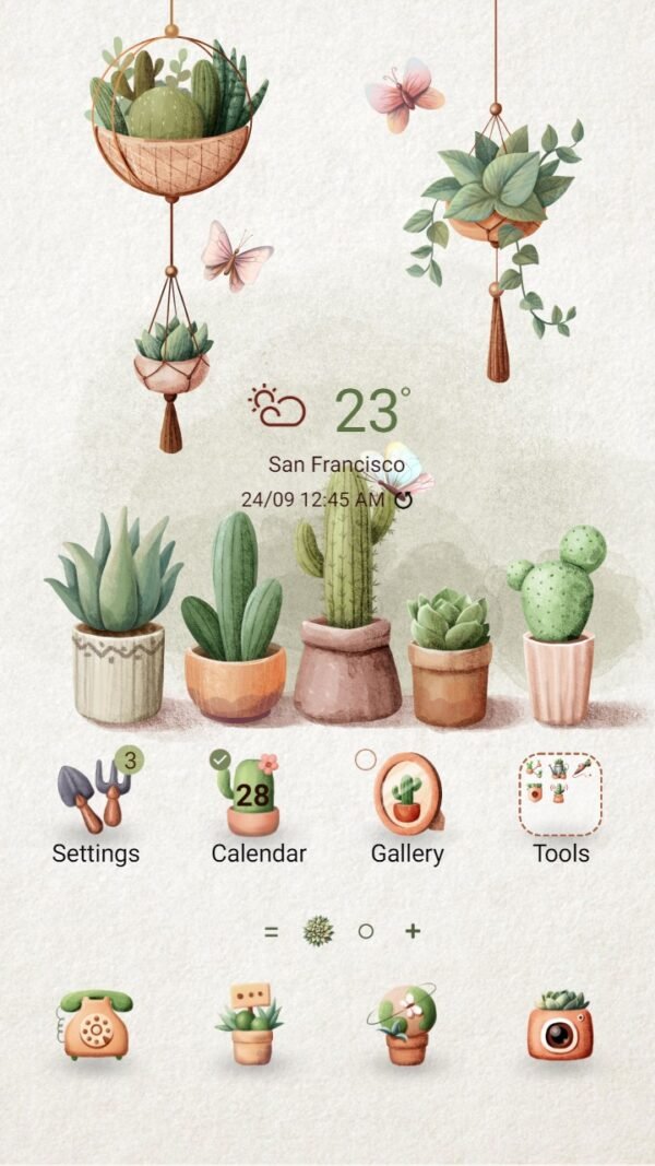 Samsung Themes: ❤️Mun❤️ Vintage Cactus Plants ~❤️ Premium Theme kawaii plants on desk