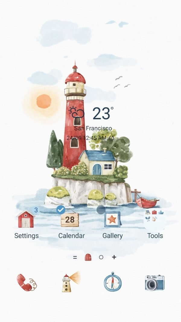 Samsung Themes: ❤️Mun❤️ Peaceful Lighthouse ~❤️ Premium Theme lighthouse on a small peaceful island