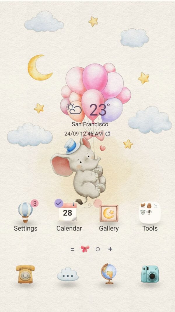 Samsung Themes: [Sim] Elephants Balloon Adventure ~ Premium Theme a lovely mischievous elephant on a hot air