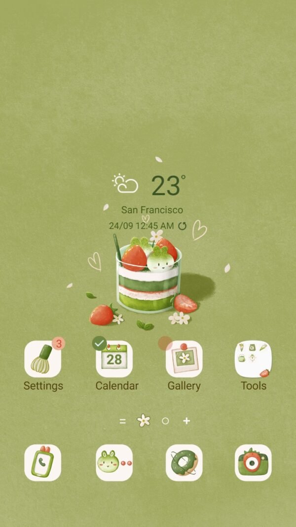 Samsung Themes: ❤️Mun❤️ Matcha Flavor ~❤️ Premium Theme cute cake decorated with adorable mochi bunnies