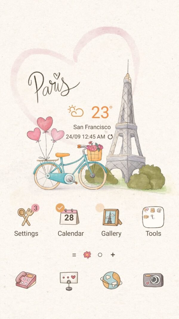 Samsung Themes: ❤️Mun❤️ Charming Paris Ride ~❤️ Premium Theme a little romance on a classic bike at Ephen Tower