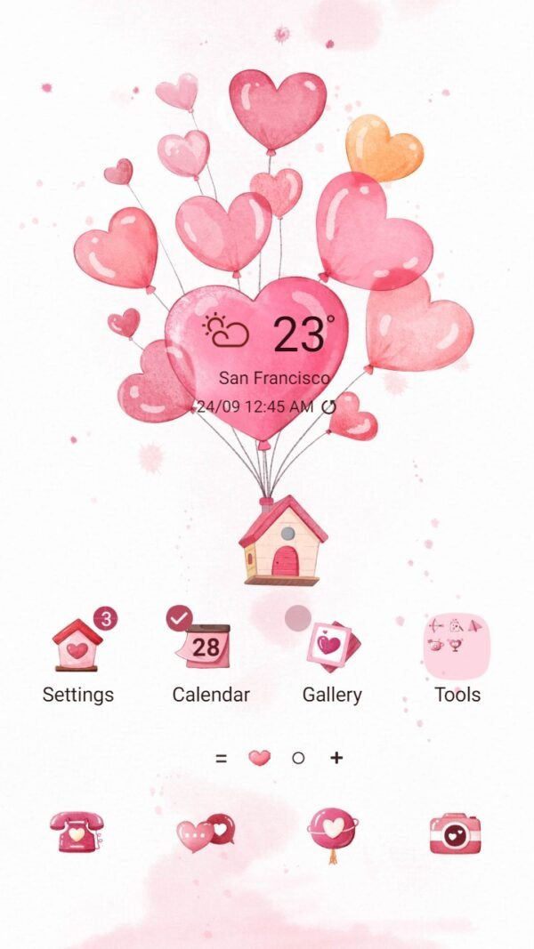 Samsung Themes: ❤️Mun❤️ Heart Balloon Animated ~❤️ Premium Animated Theme sweet pink balloons with a tiny house