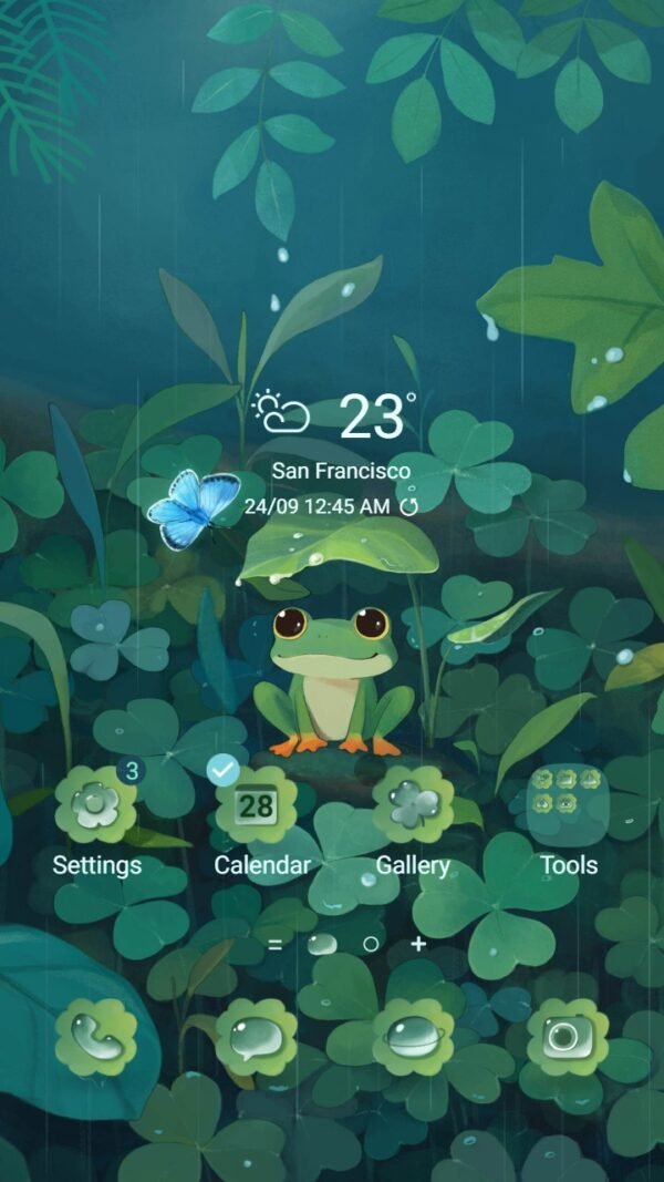 Samsung Themes: ❤️Mun❤️ Rainforest Serenity ~❤️ Premium Theme a lovely frog enjoying the rain in the middle of a tropical forest