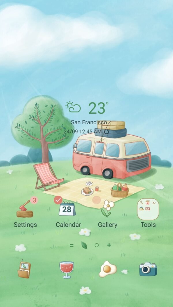 Samsung Themes: ❤️Mun❤️ Hillside Haven ~❤️ Premium Theme a camping trip between spacious hills and blue sky