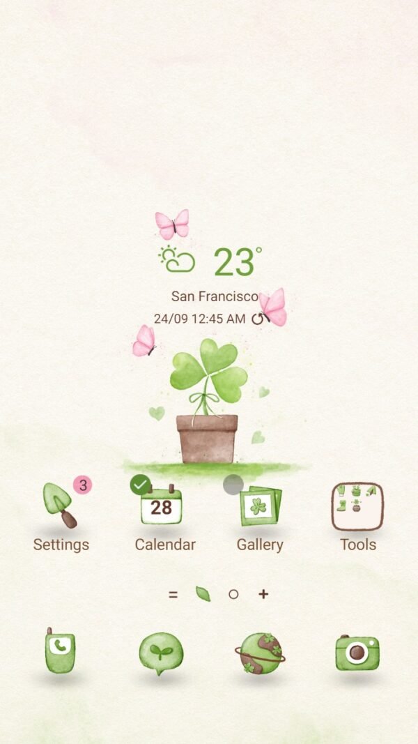 Samsung Themes: ❤️Mun❤️ Tiny Shamrock ~❤️ Premium Theme there are a few butterflies perched on a potted plant