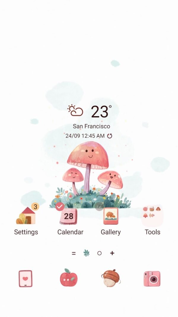 Samsung Themes: ❤️Mun❤️ Kawaii Mushrooms ~❤️ Premium Theme about three happy red mushrooms