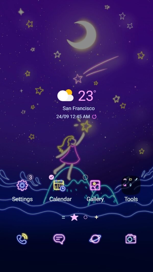 Samsung Themes: ❤️Mun❤️ Neon Glow Girl Animated ~❤️ Premium Animated Theme about A lovely girl is reaching for the starry sky