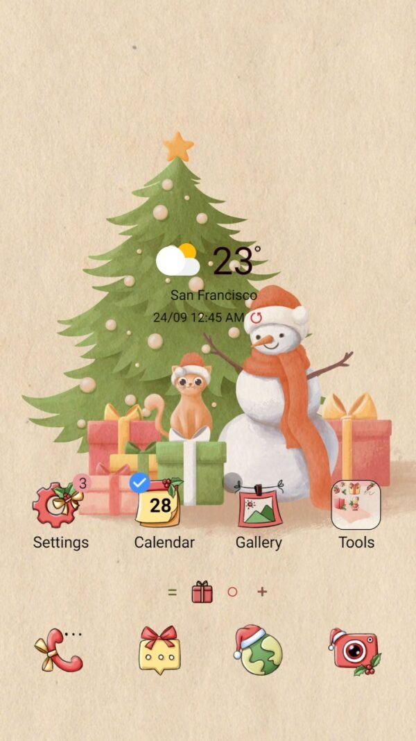 Samsung Themes: ❤️Mun❤️ Snowman And Cat ~❤️ Premium Theme snowman with cat and Christmas gifts