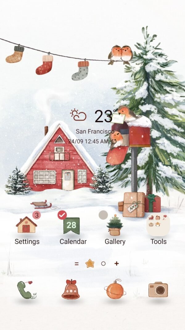 Samsung Themes: ❤️Mun❤️ Snowy House Serenity ~❤️ Premium Theme the red house stands out among the white snow