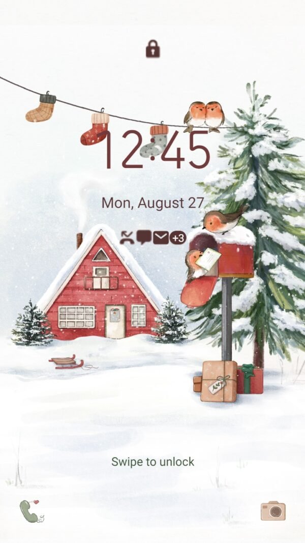Samsung Themes: ❤️Mun❤️ Snowy House Serenity ~❤️ Premium Theme the red house stands out among the white snow - Image 2
