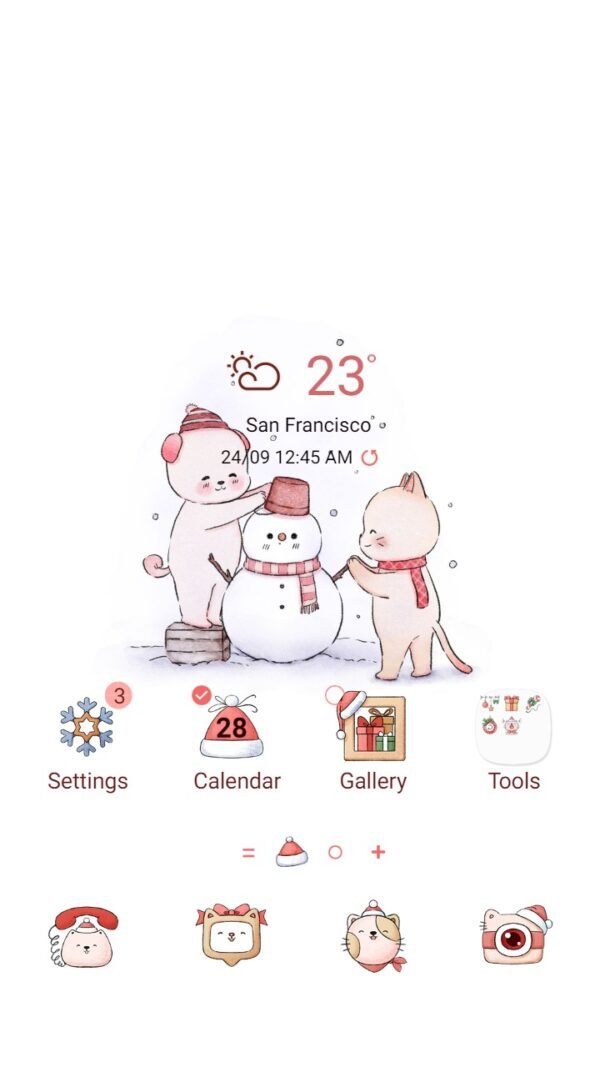 Samsung Themes: ❤️Mun❤️ Cat and Dog in Noel ~❤️ Premium Theme dog and cat create a snowman together