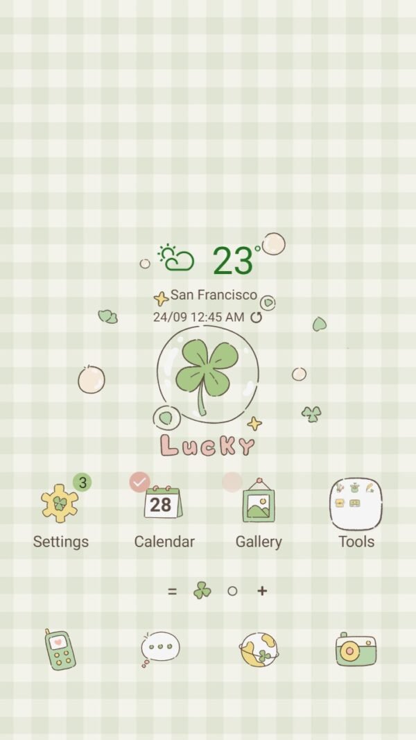 Samsung Themes: ❤️Mun❤️ Clover Checkered ~❤️ Premium Theme kawaii green clover on a green checkered background