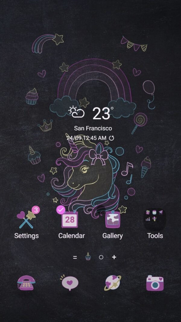 Samsung Themes: ❤️Mun❤️ Chalky Unicorn Dreams ~❤️ Premium Theme child's sweety unicorn sketch with cake, candy and rainbow