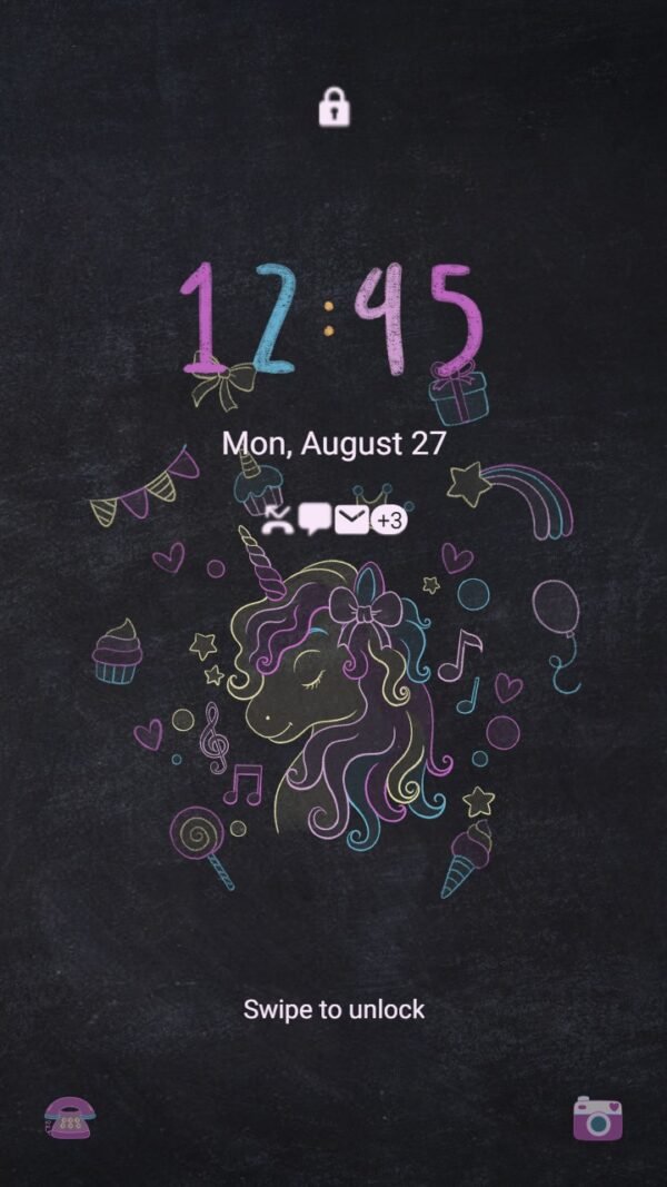 Samsung Themes: ❤️Mun❤️ Chalky Unicorn Dreams ~❤️ Premium Theme child's sweety unicorn sketch with cake, candy and rainbow - Image 2