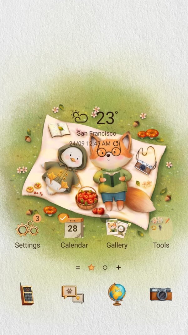 Samsung Themes: ❤️Mun❤️ Picnic on the grass ~❤️ Premium Theme duck and fox go picnic together