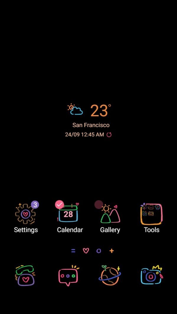 Samsung Themes: ❤️Mun❤️ Colorful Icons Dark ~❤️ Premium Theme the colorful icon drawings on a dark background