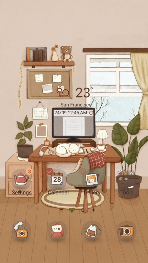 Samsung Themes: ❤️Mun❤️ Cozy Desk Space ~❤️ Premium Theme with lazy cat in warm and peaceful work-from-home setup